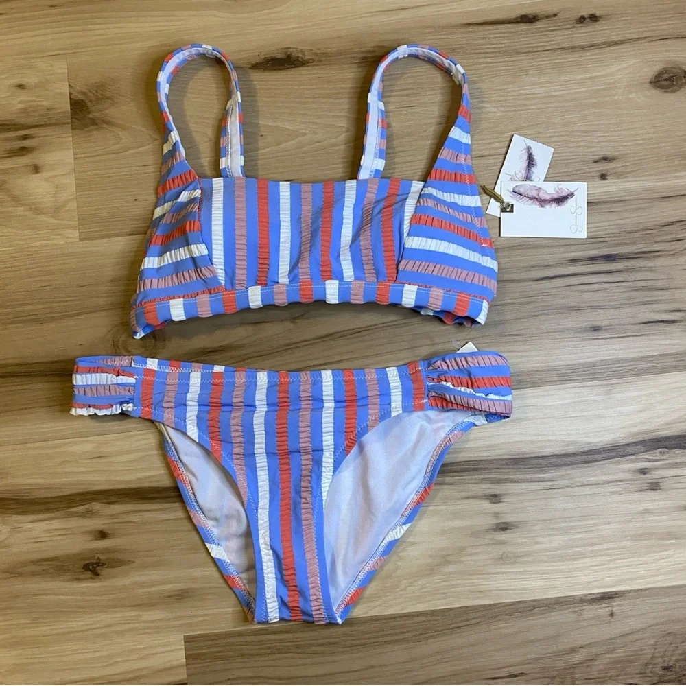 NWT‎ Jessica Simpson Womens Blue Striped Seersucker Bikini Set Two Piece Size S